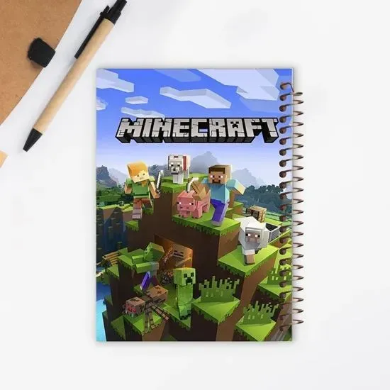 دفتر مشق 60 برگ حاشیه رنگی مشایخ طرح ماینکرافت Minecraft سایز وزیری 17×24 با فنر مارپیچ جلد طلقی و جلد پشتی چوبی کد MNR102