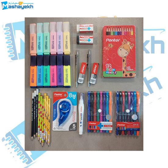 «بسته نوشت‌افزار پنتر 🎒✍️ شامل خودکار، مداد، پاک‌کن، خودکار و غلط گیر نواری»