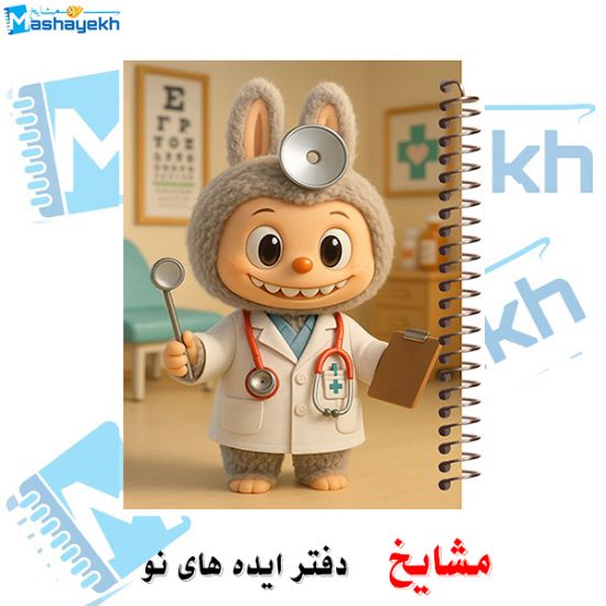 دفتر مشق ۶۰ برگ مشایخ با چاپ رنگی طرح لبوبو در نقش دکتر (LABUBU) با جلد طلقی و حاشیه‌های رنگی